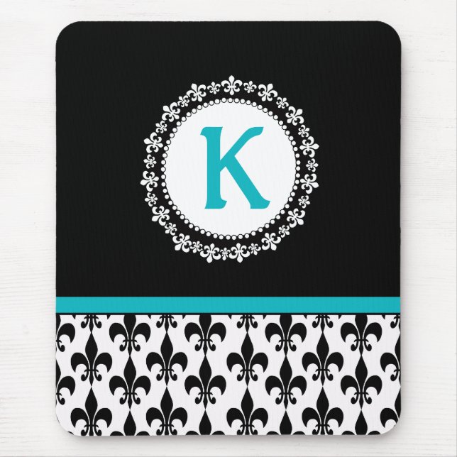 Black Aqua Monogram Fleur de Lis Mousepad Musmatta (Framsidan)