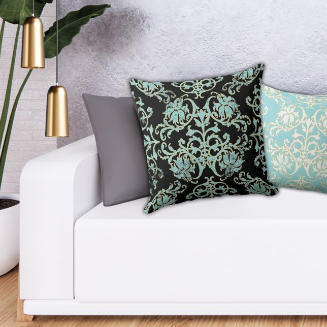 Black Aqua Teal Guld Damask Pillow Kudde (Skapare uppladdad)