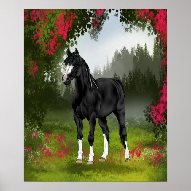 Black Arabian Horse i Vår Meadow Poster (Framsidan)