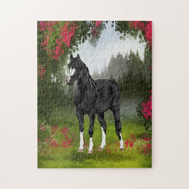 Black Arabian Horse i Vår Meadow Pussel (Vertikal)