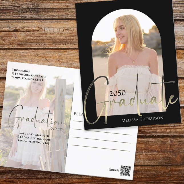 Black Arch Two Photo Vellum med Guld Student Vykort (Skapare uppladdad)