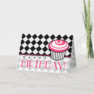 Black Argyle Birthday Card med Rosa Cupaka Kort