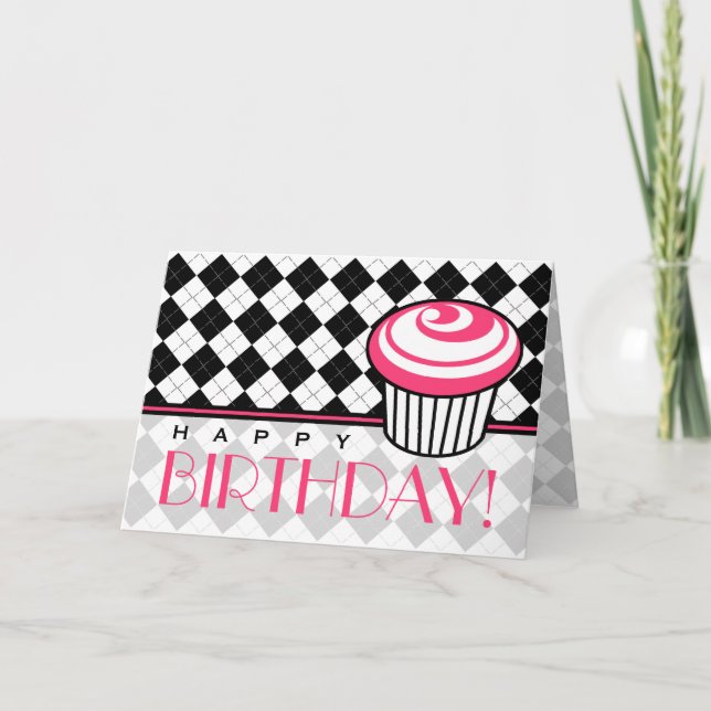 Black Argyle Birthday Card med Rosa Cupaka Kort (Framsida)
