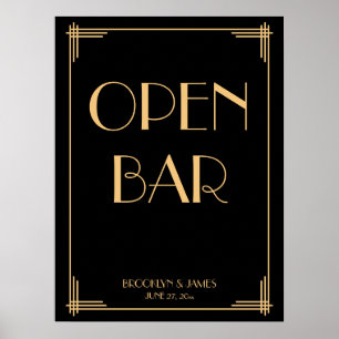 Black Art Deco Guld Bröllop Open Pub 18 x 24 Poster