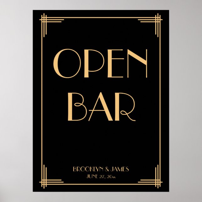 Black Art Deco Guld Bröllop Open Pub 18 x 24 Poster (Framsidan)
