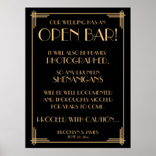 Black Art Deco Guld Gatsby Open Pub Sign 18x24 Poster