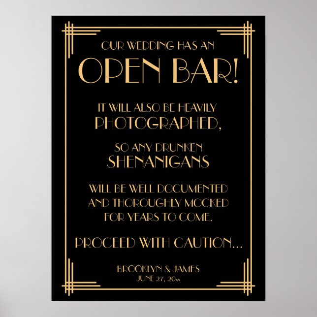 Black Art Deco Guld Gatsby Open Pub Sign 18x24 Poster (Framsidan)