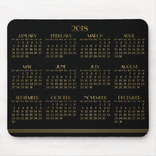 Black Art Deco Guld Yarly Calendar 2018 Mousepad Musmatta (Framsidan)