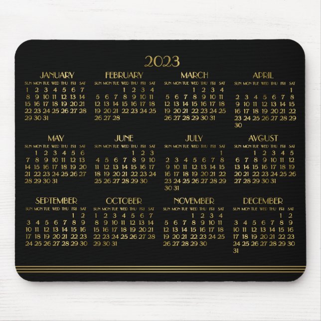 Black Art Deco Guld Yarly Calendar 2023 Mousepad Musmatta (Framsidan)