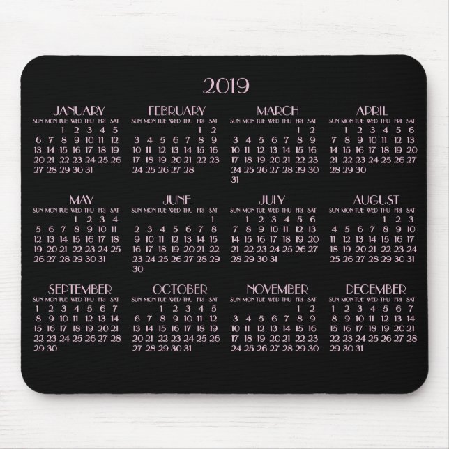 Black Art Deco Rosa Yarly Calendar 2019 Mousepad Musmatta (Framsidan)