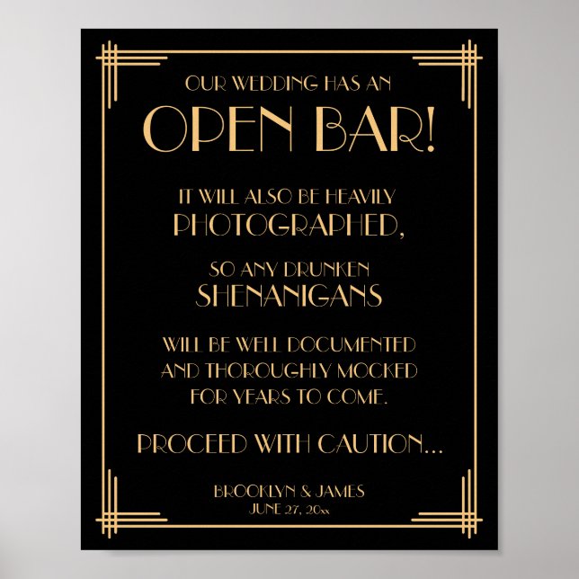 Black Art Deco Underbar Gatsby Open Pub Sign 8x10 Poster (Framsidan)