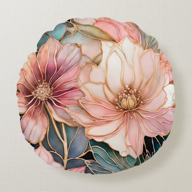 Bläck Art-rundan Dekorativ kudde i, färgad Blommig (Framsidan)