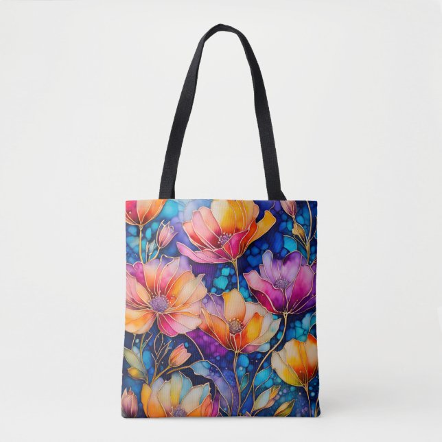 Bläck Art Tote Bag för färgad Blommigt Tygkasse (Framsida)