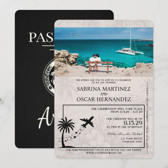 Black Aruba Passport Wedding-inbjudan Inbjudningar (Fram/baksida)