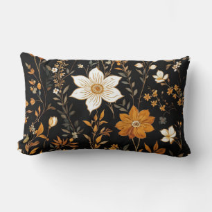 Black Autumn Boho Vintage Guld Blommönster Lumbarkudde
