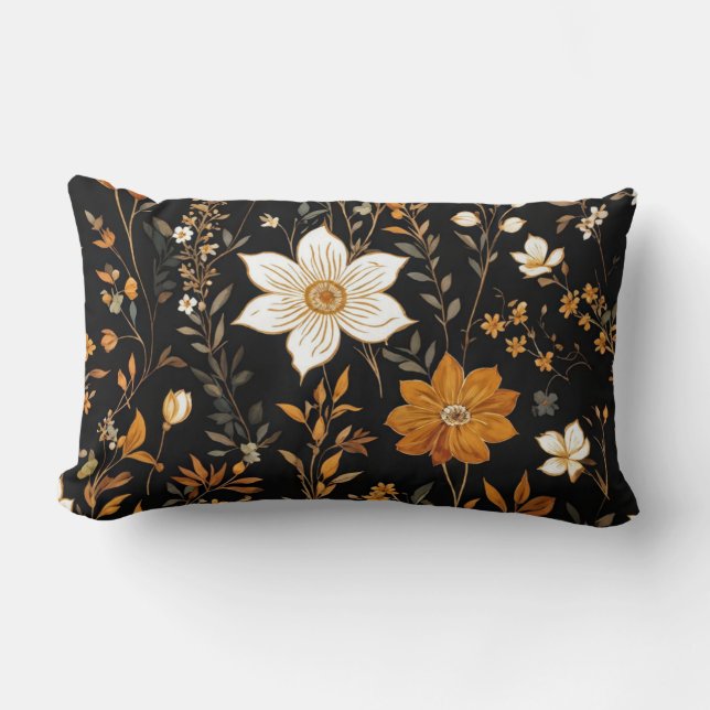 Black Autumn Boho Vintage Guld Blommönster Lumbarkudde (Framsida)