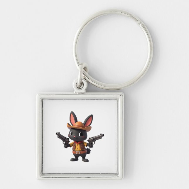 Black Baby Cowboy Bunny Keychain  Fyrkantig Silverfärgad Nyckelring (Framsidan)