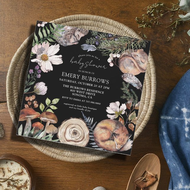 Black Baby Shower för Woodland Cute Forest Animals Inbjudningar (Skapare uppladdad)