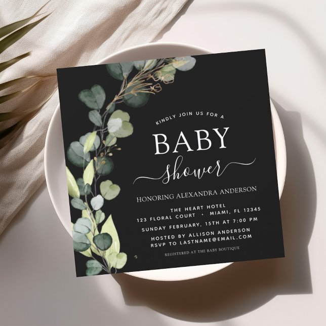 Black Baby Shower Greenery Eucalyptus Inbjudningar (Skapare uppladdad)
