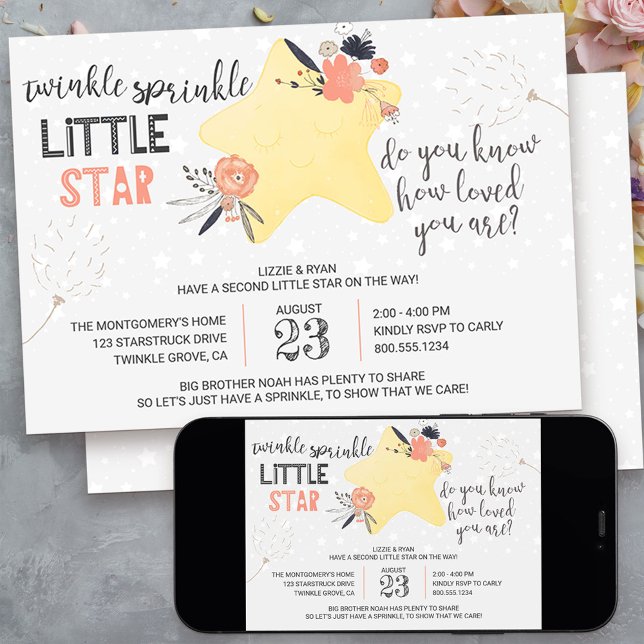 Bläck Baby-sprinkling för Twinkle Blommigt Star Inbjudningar (twinkle twinkle little star baby sprinkle invitation - message me to create additional templates)