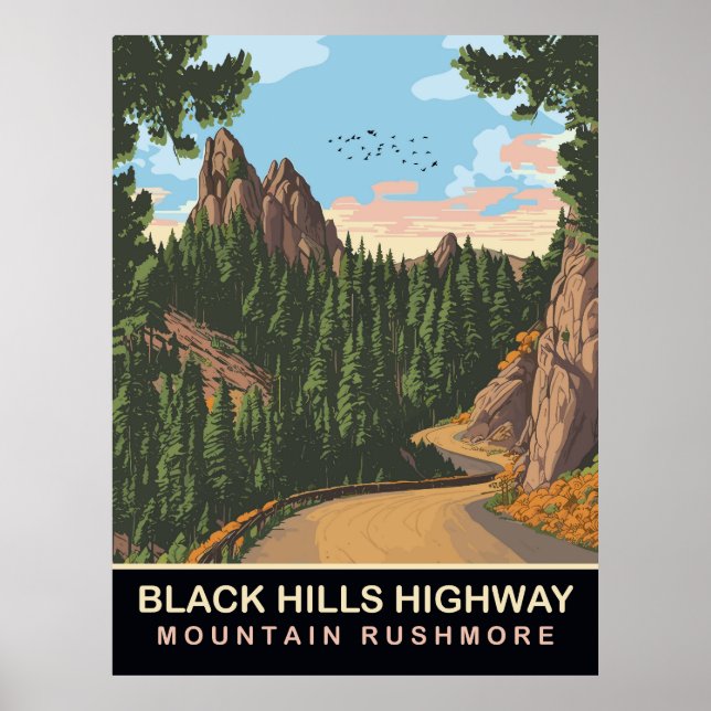 Black Backe Highway, Mount Rushmore, SD, Travel Poster (Framsidan)