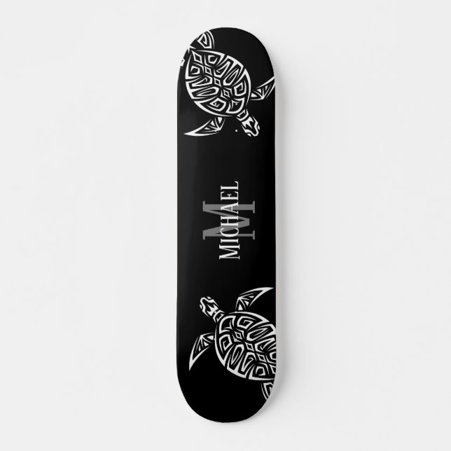 Black Background Monogram, vit sköldpadda Mini Skateboard Bräda 18,5 Cm (Framsida)