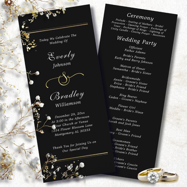 Black Background White Script Elegant Wedding  Program (Skapare uppladdad)