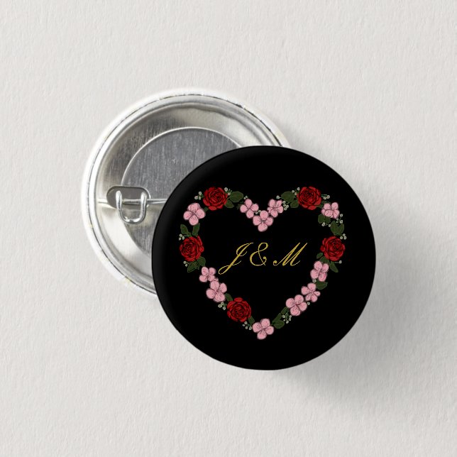 Black badge with a pink and red heart knapp (Framsida & baksida)