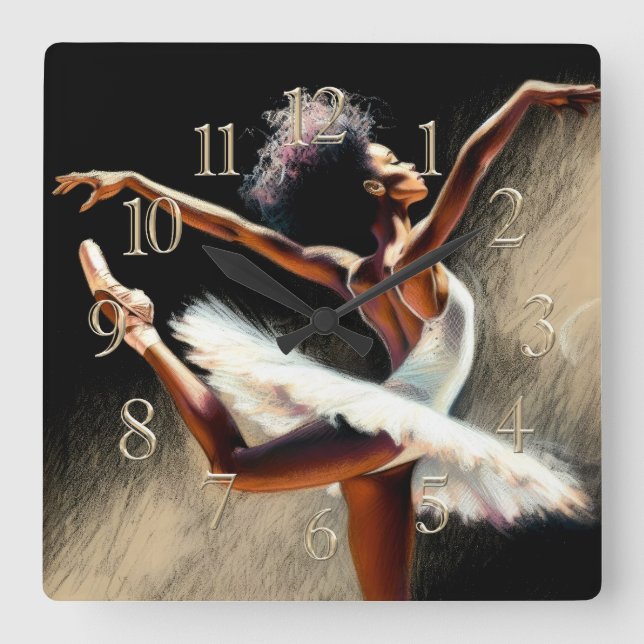 Black Ballerina Dancer Pastel Teckning Fyrkantig Klocka (Framsida)