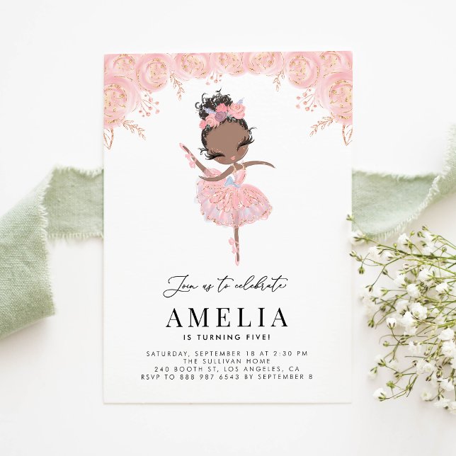 Black Ballerina i Rosa Dress Blommigt Birthday Inbjudningar (Skapare uppladdad)