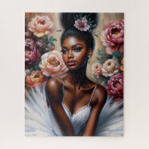 Black Ballerina in White Tutu med Peonies Art