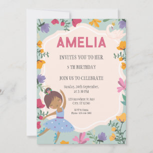 Black Ballerina Princess Blommigt Girl Birthday Inbjudningar