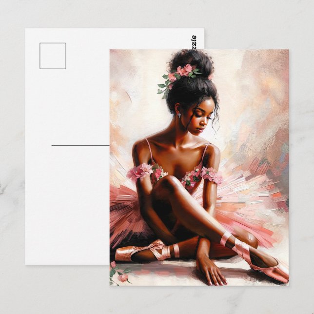Black Ballerina Wearing Rosa Tutu Art Vykort (Fram/baksida)