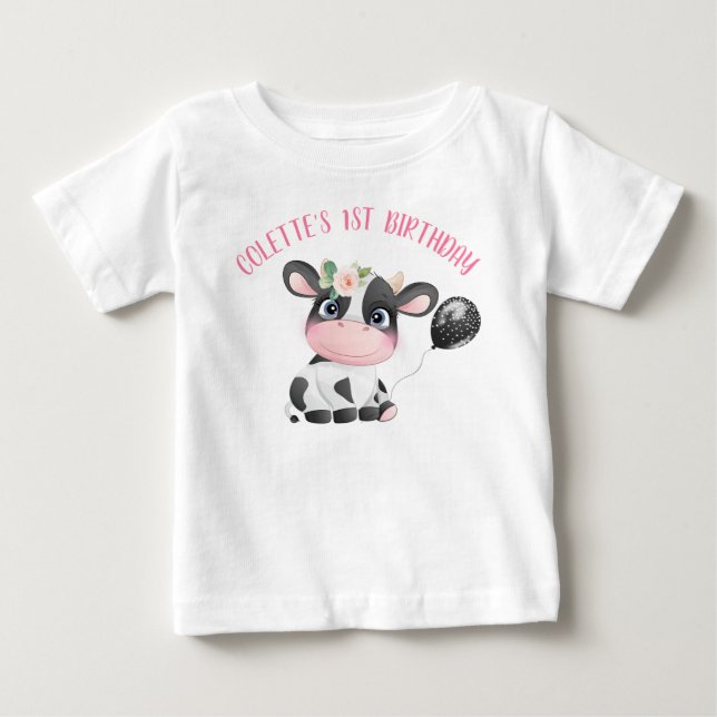 Black Balloon Cute Cow First Birthday Baby T-Shirt (Framsida)