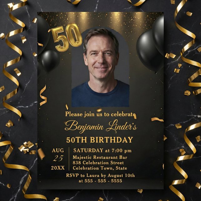 Black Balloons & Gold Confetti Photo 50th Birthday Inbjudningar (Skapare uppladdad)