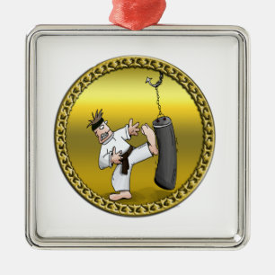 Black bälte karate man sparkar en svart träningssä julgransprydnad metall