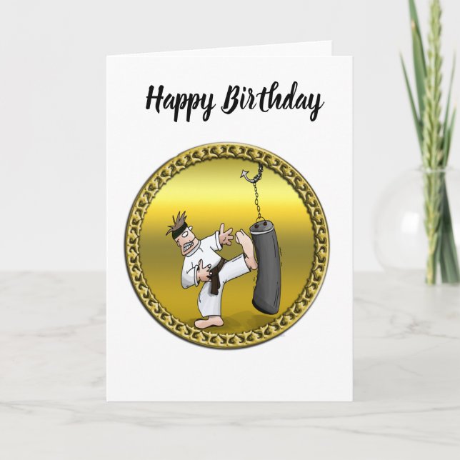 Black bälte karate man sparkar en svart träningssä kort (Framsida)