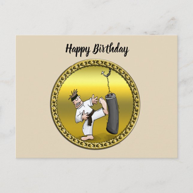 Black bälte karate man sparkar en svart träningssä vykort (Framsida)