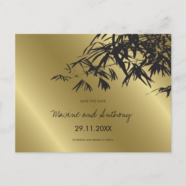 Black Bamboo Löv on Guld Asian Save Date Meddelande Vykort (Framsida)