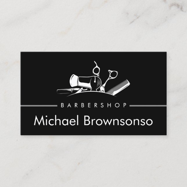 Black Barber Shop Tools Haircut Salon Logo Design Visitkort (Framsida)