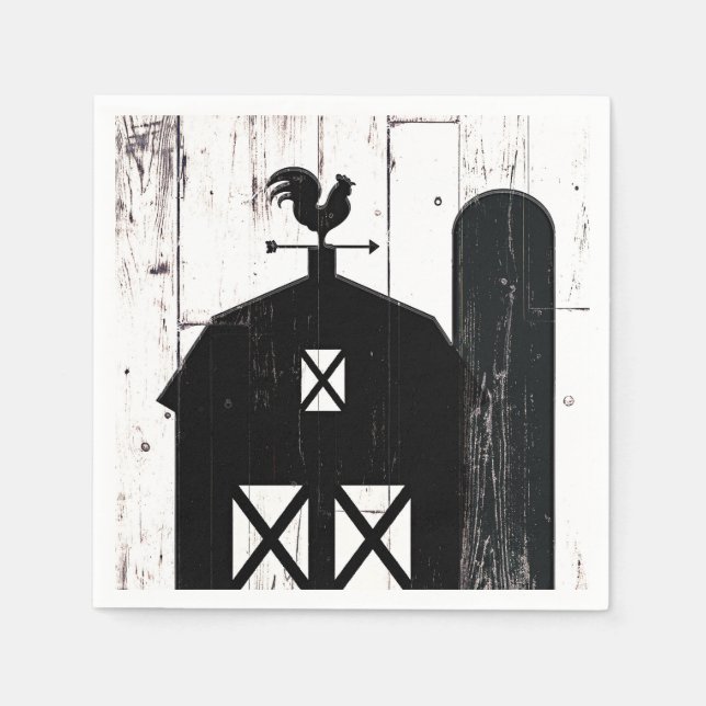 Black Barn White Wood Rustic Farmhouse Bröllop Pappersservett (Framsidan)