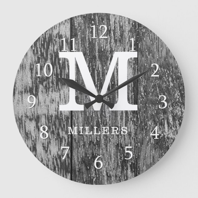 Black Barn Wood Farmhouse Monogram Stor Klocka (Framsida)