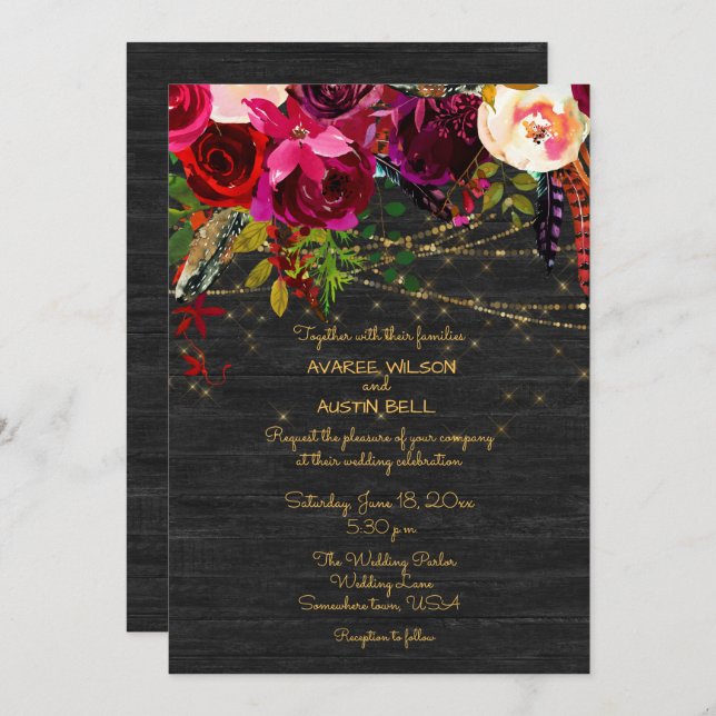Black Barnboard Burgundy Boho Flowers Inbjudningar (Fram/baksida)
