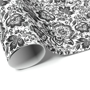 Black Baroque Flowers Mönster Presentpapper
