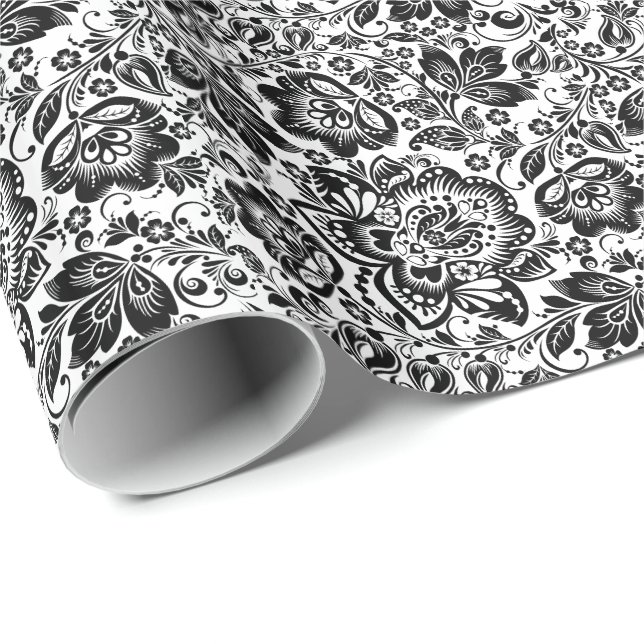 Black Baroque Flowers Mönster Presentpapper (Rullad Hörn)