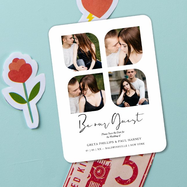 Black Be the Guest Klöver Collage 4 Photos Bröllop Magnet (White Be our Guest Quote Clover Collage 4 Photos Wedding Save the Date Magnet. )