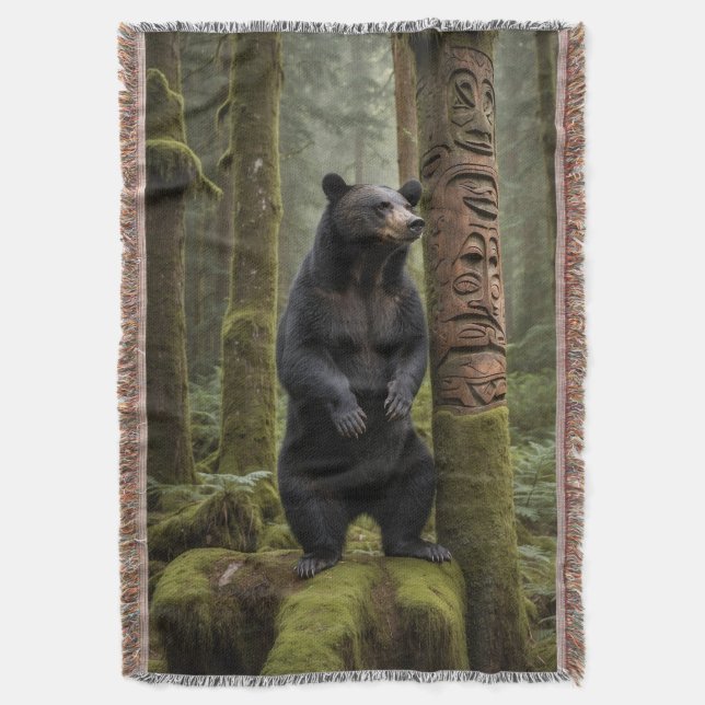 Black Bear and Totem Pole Wildlife Art Filt (Framsidan Vertikal)