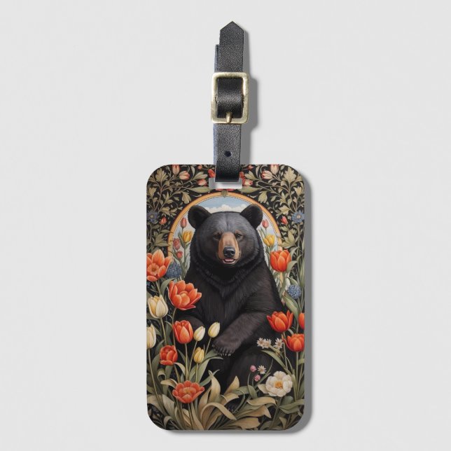 Black Bear Colorful Tulip Flowers Bagagebricka (Framsida vertikal)