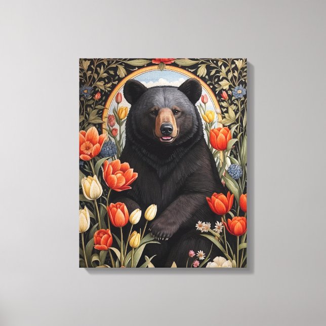 Black Bear Colorful Tulip Flowers Canvastryck (Framsida)