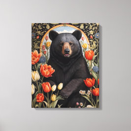 Black Bear Colorful Tulip Flowers Canvastryck